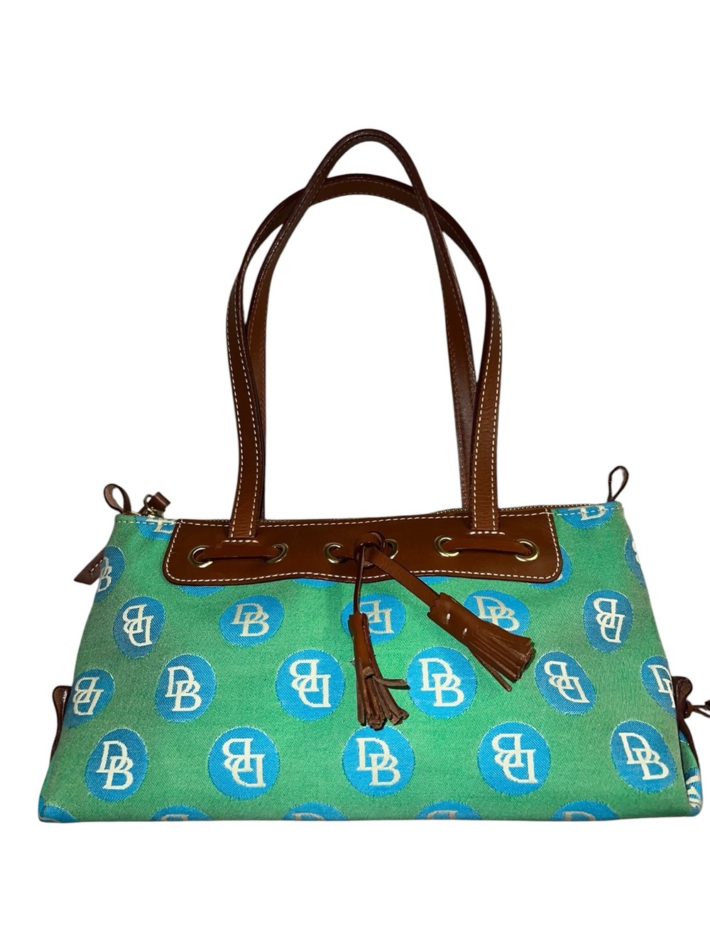 Dooney & Bourke Teal and Turquoise Canvas Shoulder Tote with Brown Leather Trim